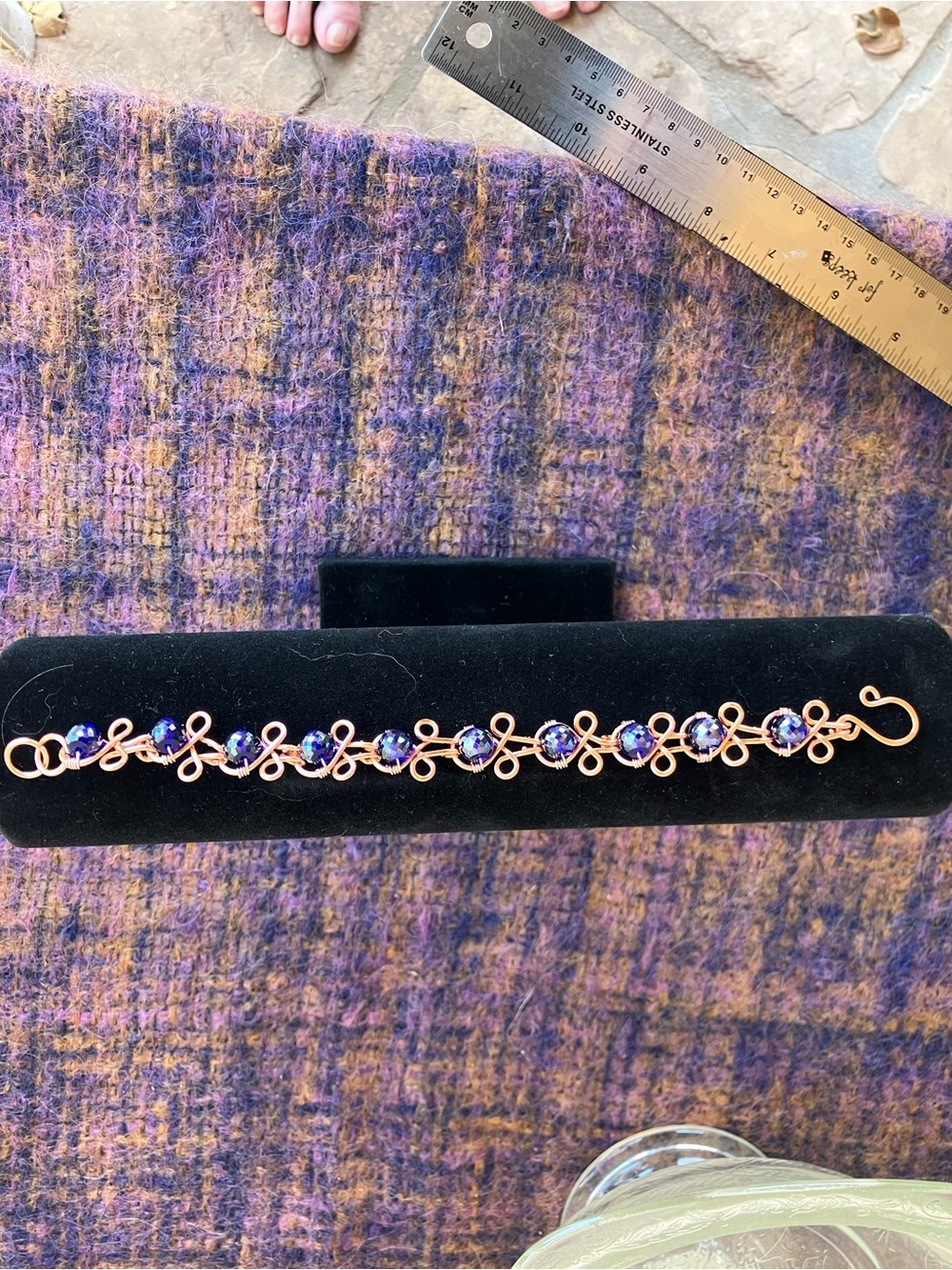 Hand Crafter Copper Bracelet with Dark Purple Blue Crystal Beads